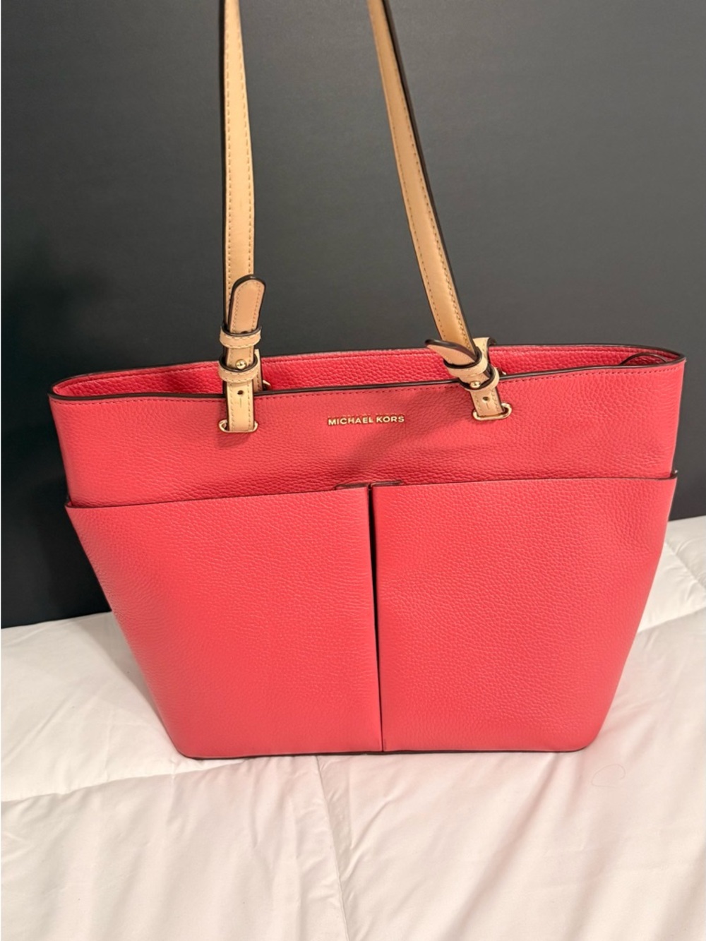 Michael Kors Coral-Red Leather Tote with Tan Straps